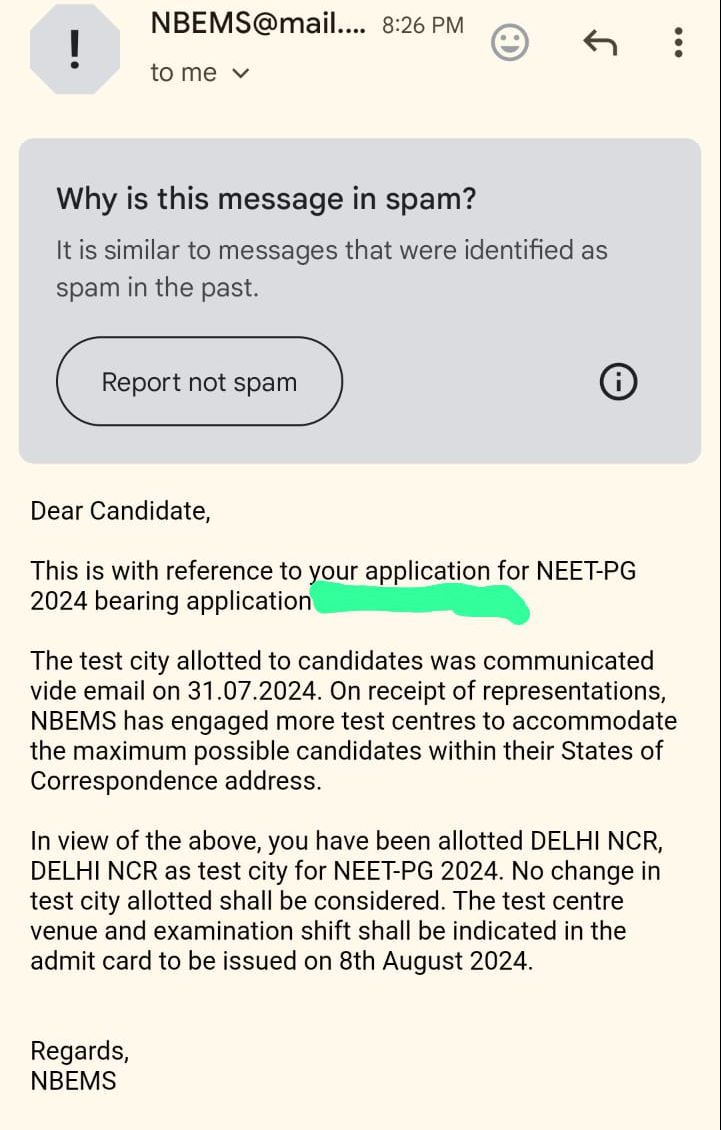 jsChoud76335852's tweet photo. *#NEETPG2024 - City Allotment*

NBEMS have started sending updated test cities via SMS/ E-Mails, if your test city has changed - it’s great, or if same, then it’s also ok_

#NEETPG #NEETPG2024 https://t.co/pKSx7DxTSH