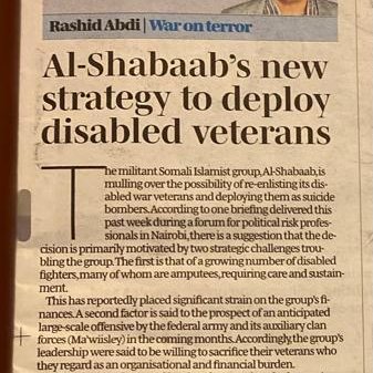 RAbdiAnalyst's tweet photo. Al-Shabaab has large number of disabled veterans. Burden of upkeep draining group's coffers. 

New intelligence reports suggest Al-Shabaab developing plans to increase deployment of disabled vets to  conduct 'martyrdom' (suicide) operations.

This will be a force multiplier. https://t.co/zC70SlAK2u