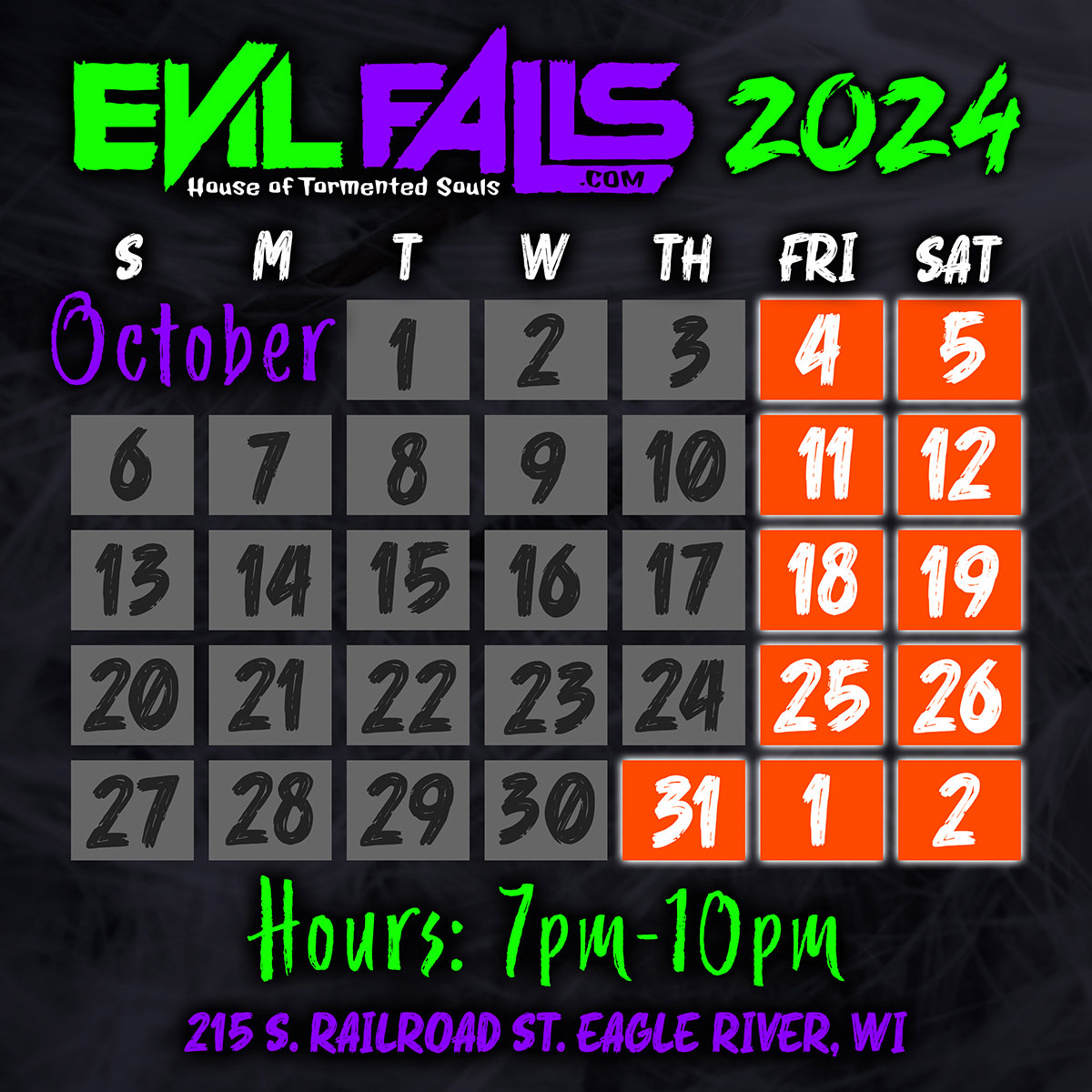 evilfalls's tweet photo. 💀 We look forward to scaring you soon...
Open every Friday and Saturday in October, 🎃 Halloween, and first Friday and Saturday in November from 7pm-10pm. https://t.co/Zy9iXMwcDn