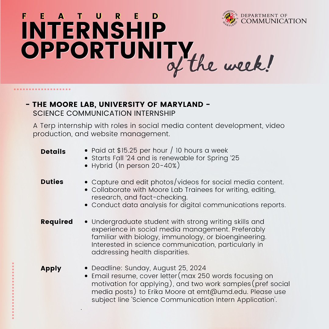 Internship opportunity of the week with the UMD Moore Lab! 🐢 💼💪
go.umd.edu/moorelabintern…

Check the weekly COMMLIST listserv for more opportunities. Also, find the listserv archives on the COMM Advising ELMS page.

*Posting an opportunity does not imply an employer endorsement