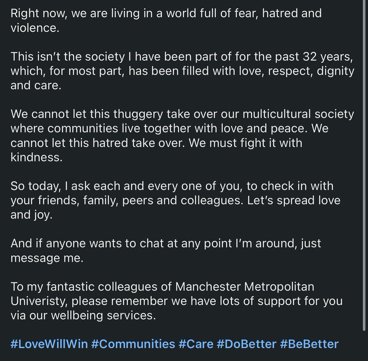 Hate will never win. #Love will. 

These disgusting, nasty and frankly racist violence must stop. This isn’t the UK I have been born in and love. 

My skin colour isn’t the problem, it’s your behaviour towards it that is.