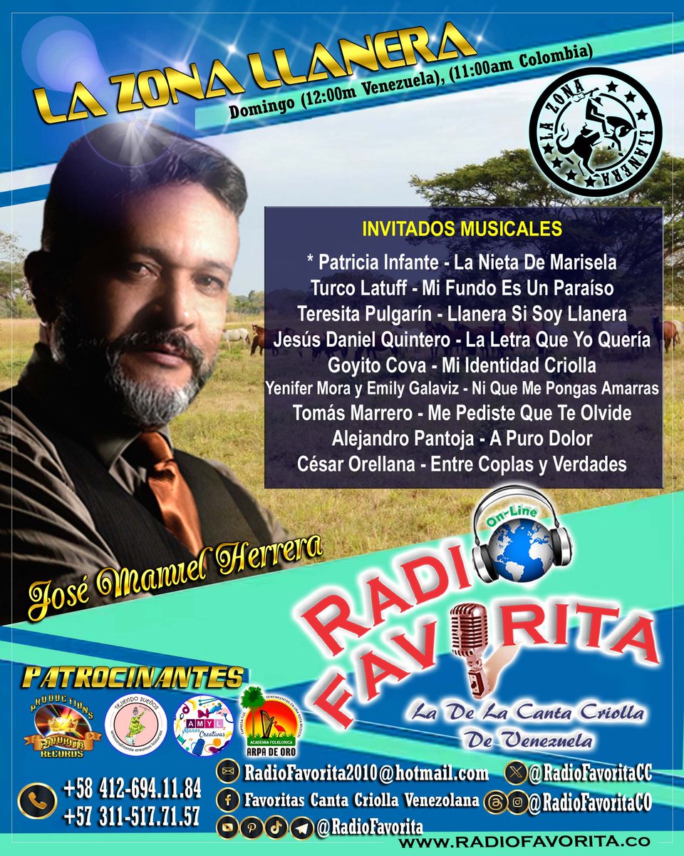 Sintoniza tu Programa Favorito de los Domingos “La Zona Llanera” (12:00m Venezuela), (11:00am Colombia). Un espacio donde la Buena Música del Llano Colombo-Venezolano es la Protagonista. Bajo la Conducción del Profesor: José Manuel Herrera: radiofavorita.co #joropo #Musica