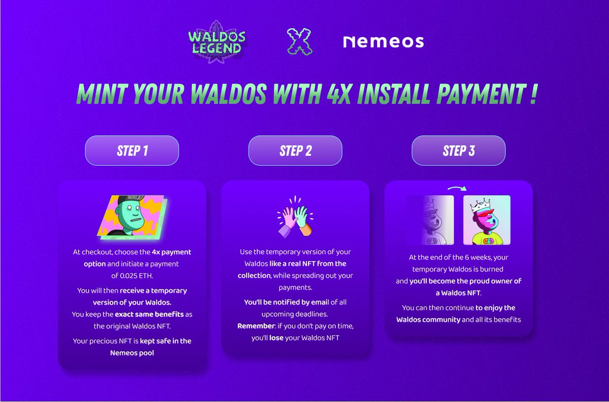 🚨💨 Mint your Waldos with 4x install payment !

→ Get your Waldos Genesis with only 0.025ETH at Mint

→ 25% payment every 2 weeks

→ 1.15% interest rate only

This option is only available for ETH Payment. ⚠️

Thank you to our dear partner <a href="/Nemeos_Finance/">Nemeos</a> ! 🙏

TUTORIAL👇