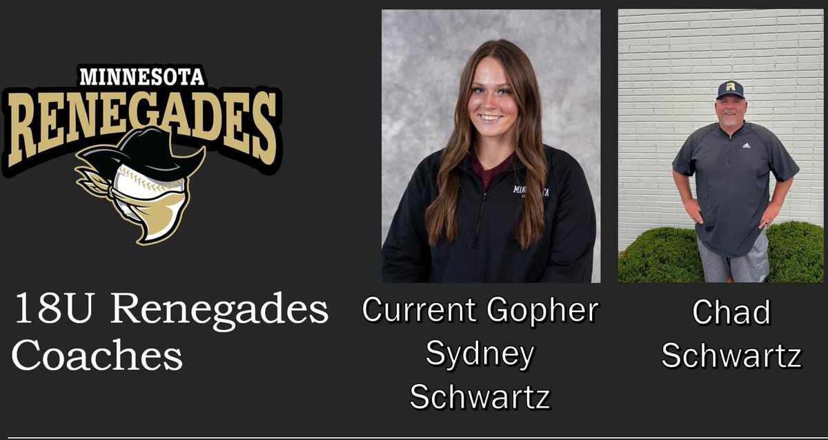 Minnesota Renegades 18U National (@18umnrenegades) on Twitter photo We are excited to Annouce our 18U Coaches <a href="/syddschwartz11/">Sydney Schwartz</a> and her Dad Chad Schwartz. <a href="/MNRenegadesSB/">Minnesota Renegades</a>
We are looking for pitchers, catchers, 3B, & OF.
Please sign up below
minnesotarenegades.com/tryouts We are excited to Annouce our 18U Coaches <a href="/syddschwartz11/">Sydney Schwartz</a> and her Dad Chad Schwartz. <a href="/MNRenegadesSB/">Minnesota Renegades</a>
We are looking for pitchers, catchers, 3B, & OF.
Please sign up below
minnesotarenegades.com/tryouts