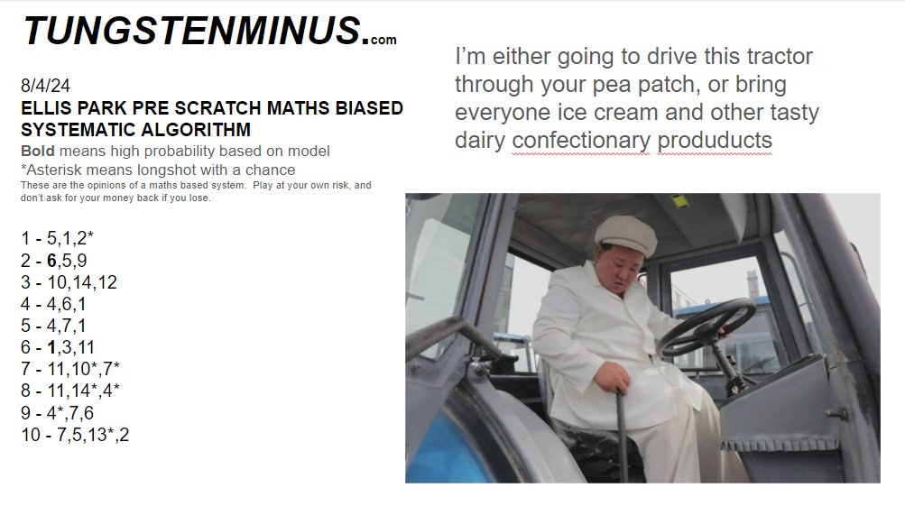 tungstenminus's tweet image. Ellis Park 8/2/24 - Great card coming to us from Ellis today.  @EllisParkRacing you hire a new camera guy yet?  @jvthollywood