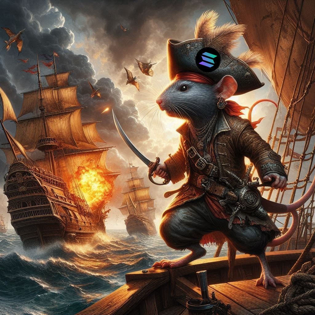 RatsSolCoin's tweet photo. Sailing through the waves, little $RATS with pirate hat, dream hidden beneath, sword pointing to stars and sea ✨🌊   $SOL $RATS $MEME #NFT https://t.co/vmaMT2Ox3f