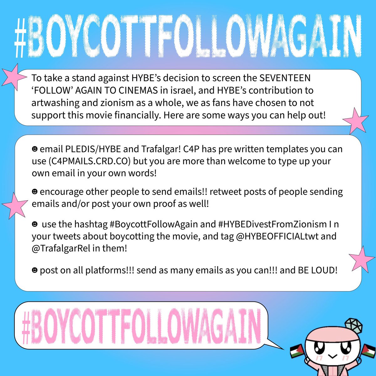 CARAT4PALESTINE's tweet photo. CARATS!! rt and reply with the tags
(+ extra text of you choice to avoid being seen as spam)
#BoycottFollowAgain
#HYBEDivestFromZionism
‼️(+ send ur emails https://t.co/eimvn6zPMq)‼️ https://t.co/1dIuvRZ6Sy