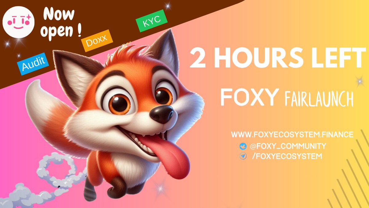 Only 2 hours left to participate in #FOXY #presale 🦊

The revolution is underway, and you haven't seen anything yet. 👀

If you are here today, you are part of tomorrow. 🚀

So join us ! 💪🔥

Presale: pinksale.finance/solana/launchp…… 

Telegram:  
t.me/FoxyEcosystem 

How to buy: