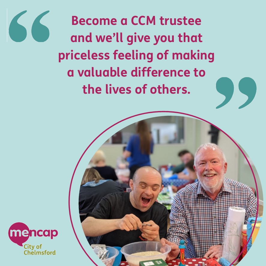 We are seeking trustees with experience in governance, health and social care, and law, to help us accelerate our growth and expand our services!  Knowledge in other areas is also welcome.

To find out more about the trustee roles, please go to cityofchelmsfordmencap.org.uk/trustee-vacanc…