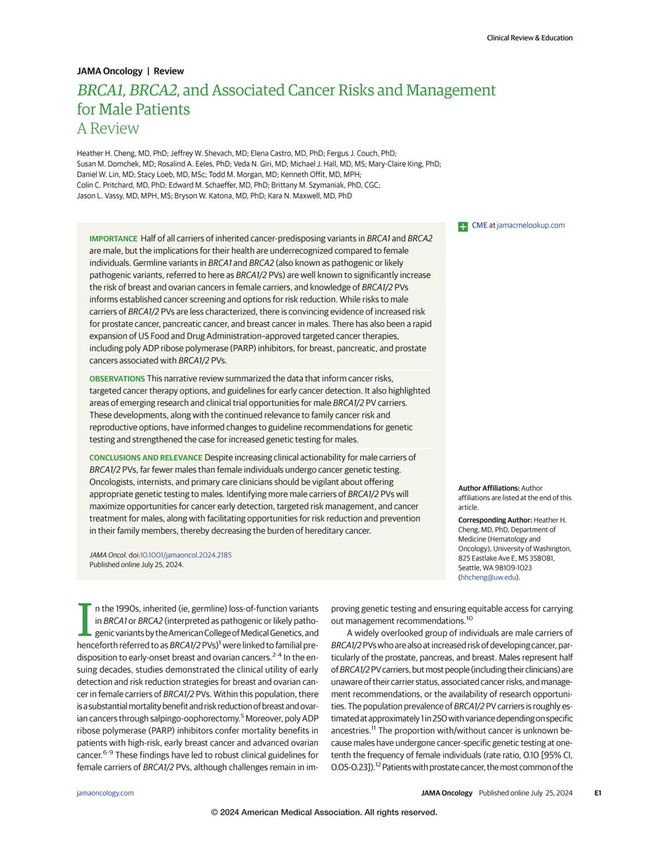 Half of people with inherited BRCA1/2 mutations are men, yet very few men are offered genetic testing or know the importance to their own health. Article reviews data &amp; screening recommendations aimed to help men take action to reduce their risk of cancer. ja.ma/3WG4Nds