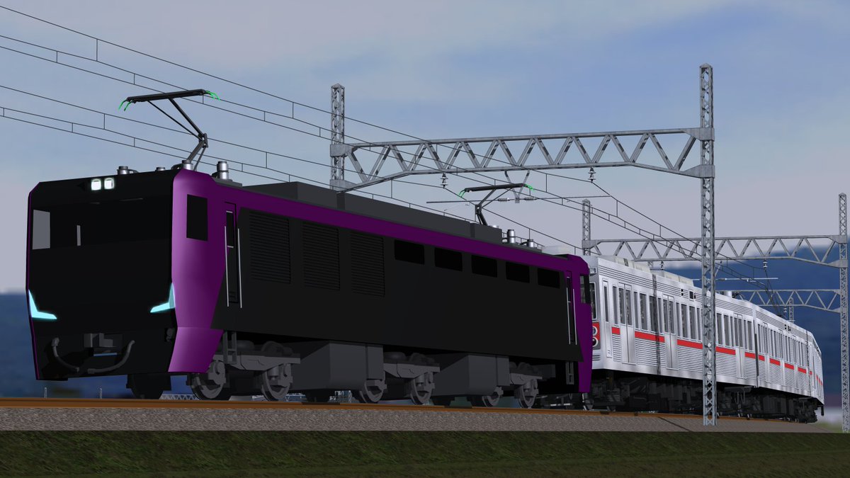 irohatrain's tweet photo. 色羽鉄道EF2000��電気機関車
EF級の大型な車体が目を引く久々の機関車の新車で、貨物列車を主体に運用される。
やはりというか、出力は相当なものらしい。
#架空鉄道 
#色羽鉄道 https://t.co/4tXc7YK4Le