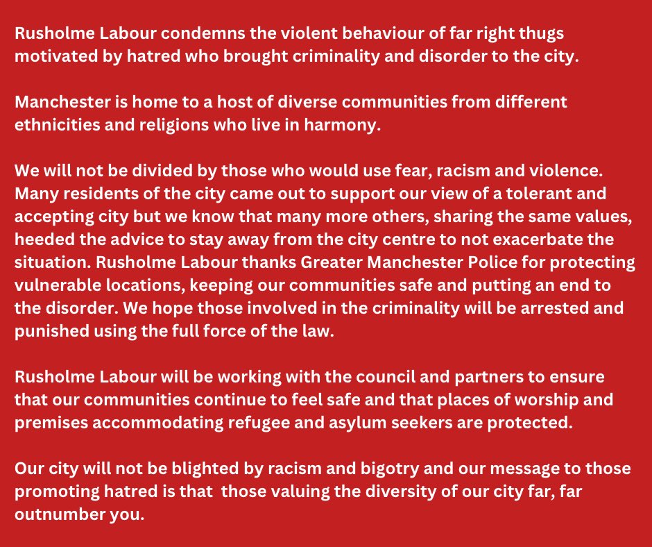 Rusholme Labour statement on the far right thugs who caused violent disorder in our city.