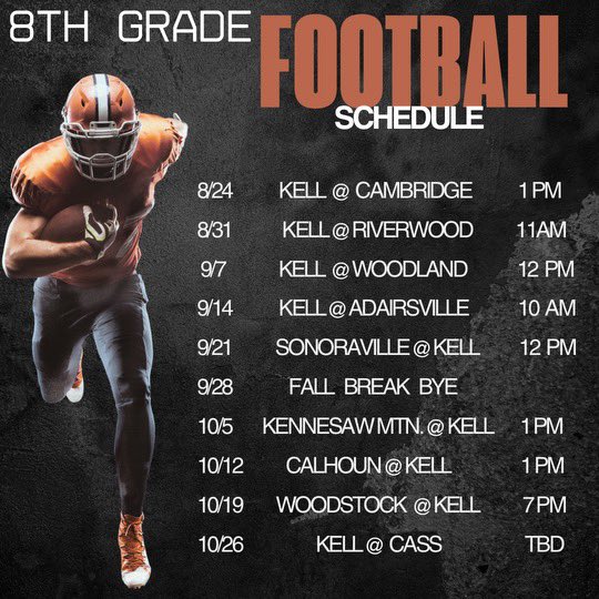 It's almost that time! <a href="/Kell_JrFootball/">Kell Junior Football Program</a> is back this fall! 6th grade - 8th Grade! 

#DMGB🟠⚫️⚪️🔥