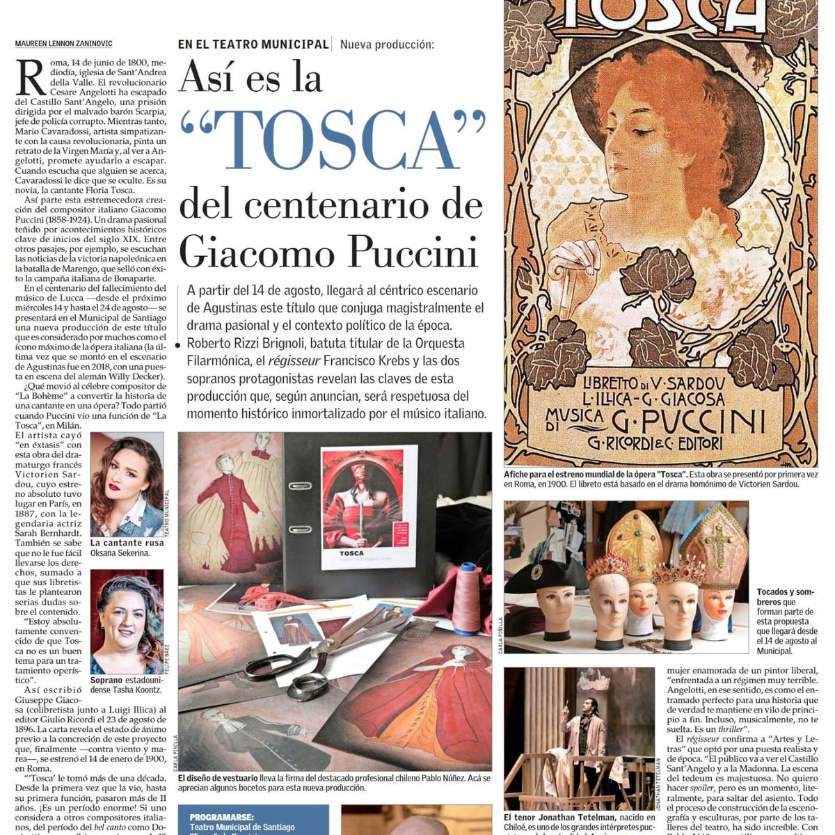 CarmenLarenasF's tweet photo. Hoy en @ElMercurio_cl por @maureenlennon Hablan los protagonistas de esta Tosca. Una ópera en la que el amor y la política se mezclan como en la vida misma.  Debut de @panchokrebs https://t.co/TPLtEuev1r