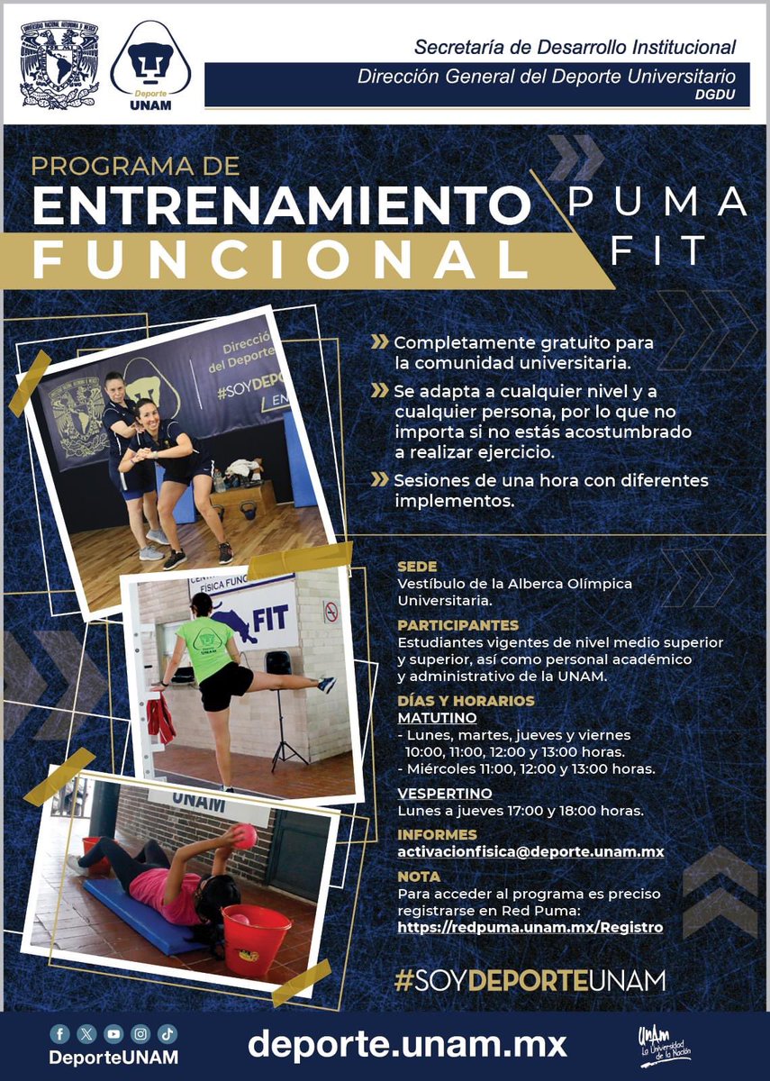 FMVZUNAM's tweet photo. #ComunidadUNAM | Te invitamos al Programa de entrenamiento funcional #PumaFit.🏋️💪
Informes 👉 activacionfisica@deporte.unam.mx https://t.co/7TzKD0vuE2