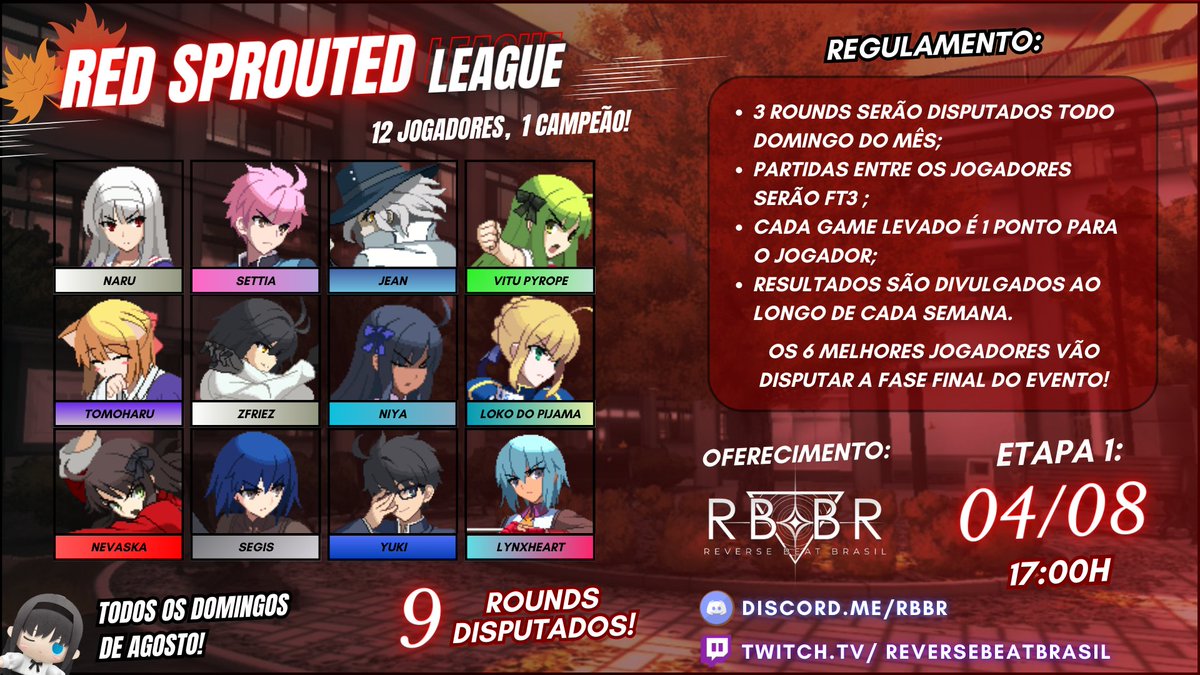 🚨Atenção Lumineiros!

💬Durante todos os domingos de agosto, estaremos realizando uma liga para promover e incentivar alguns de nossos jogadores intermediários de Lumina!

A primeira etapa acontece hoje (04/08), às 17h, e promete altas emoções!

📺Stream: twitch.tv/reversebeatbra…