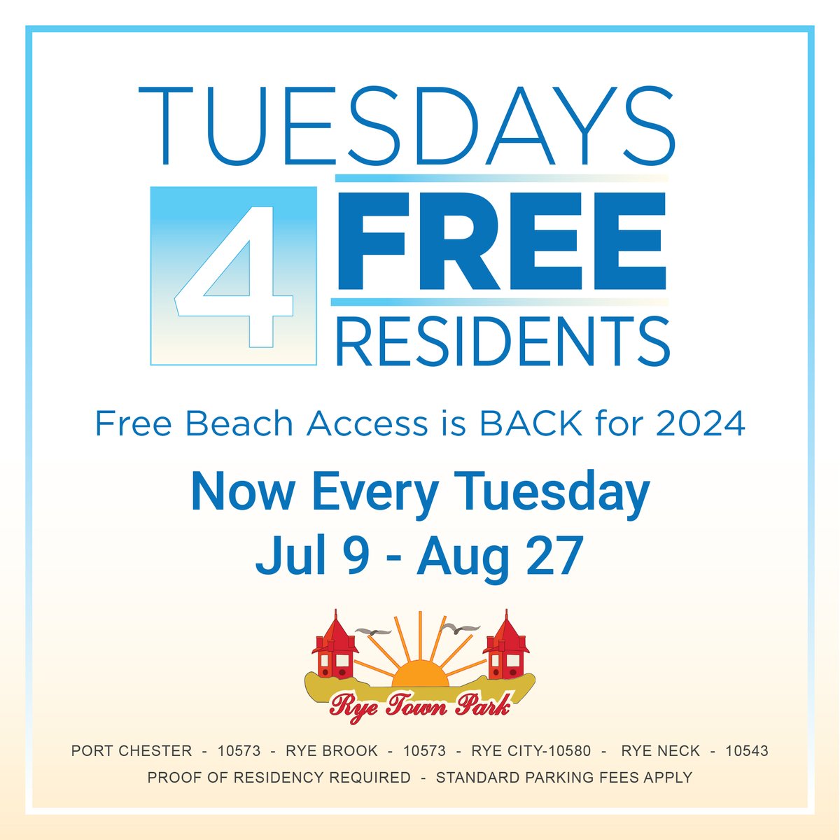 TownRye's tweet photo. 8 Tues beach fees are waived for our residents
Free Tuesday Dates:‍
Jul 9, 16, 23, 30 Aug 6, 13, 20, 27
The Westchester BEE-LINE bus system, has arranged for FREE TRANSPORTATION to Rye Town Park on our  
Proof of residency is required. Parking not included.

‍ https://t.co/xTBlrSMQ3k