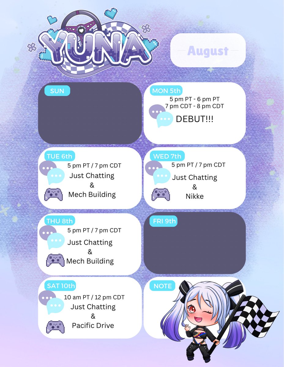 schedule time!! c u tomorrow!

#ENVTuber #vtuber #vtuberdebut #racequeen #cultureddreamers #twitch #streamschedule #TwitchStreamers