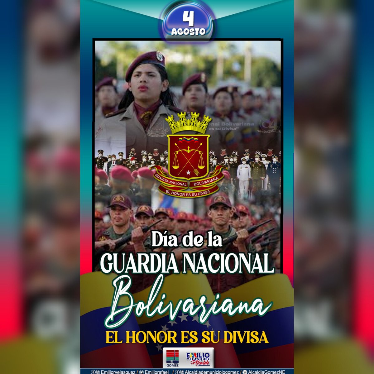 El alcalde <a href="/emiliorafael_/">Emilio R. Velásquez</a> Velásquez junto al pueblo del Mncpio Gómez, felicita a la #GNB por su 87° Aniv de su creación. "Felicito a los hombres y mujeres que conforman nuestra gloriosa Guardia Nacional Bolivariana, ustedes son garantes de la paz y la soberanía de nuestra Patria"