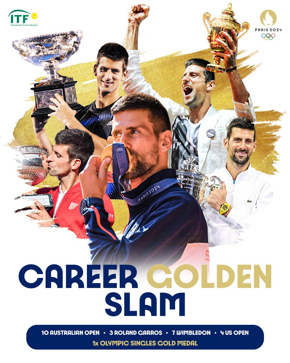 ITFTennis's tweet image. HE'S WON IT ALL! 🥇🇦🇺🇫🇷🇬🇧🇺🇸

#Paris2024 | #Olympics | #tennis | @DjokerNole
