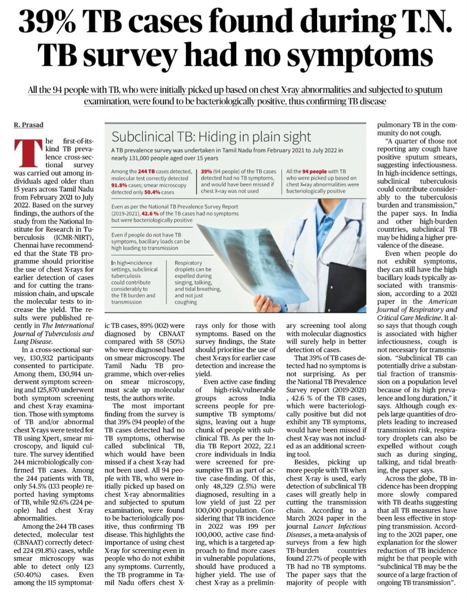 If over-reliance on smear microscopy is already a problem, 39% subclinical TB cases (where people with active TB don't have symptoms) seen during the TB prevalence survey in Tamil Nadu is a bigger challenge. These people will never be tested but will transmit and infect others