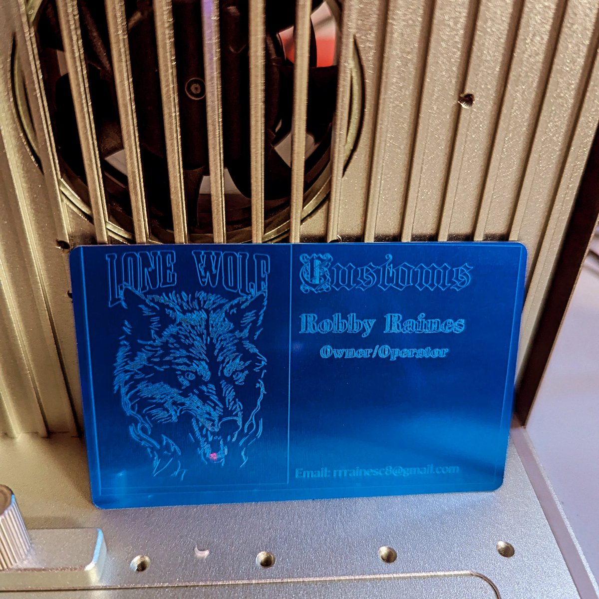 Looking for something to set you apart from the "Pack"? Let Lone Wolf Customs make your customized aluminum business cards. Email us at rrainesc8@gmail.com for pricing and design options.