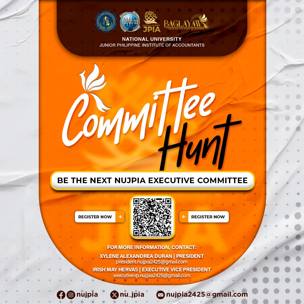 nu_jpia's tweet photo. Attention!  We are looking for a dedicated and enthusiastic individuals to join as The NUJPI is up for a Committee Hunt for the A.Y. 2024-2025.

APPLY NOW and Be part of the BAGLAYAW Federation!
https://t.co/DCVTG2ZqHZ

#CommitteeHunt https://t.co/5scrog2giB