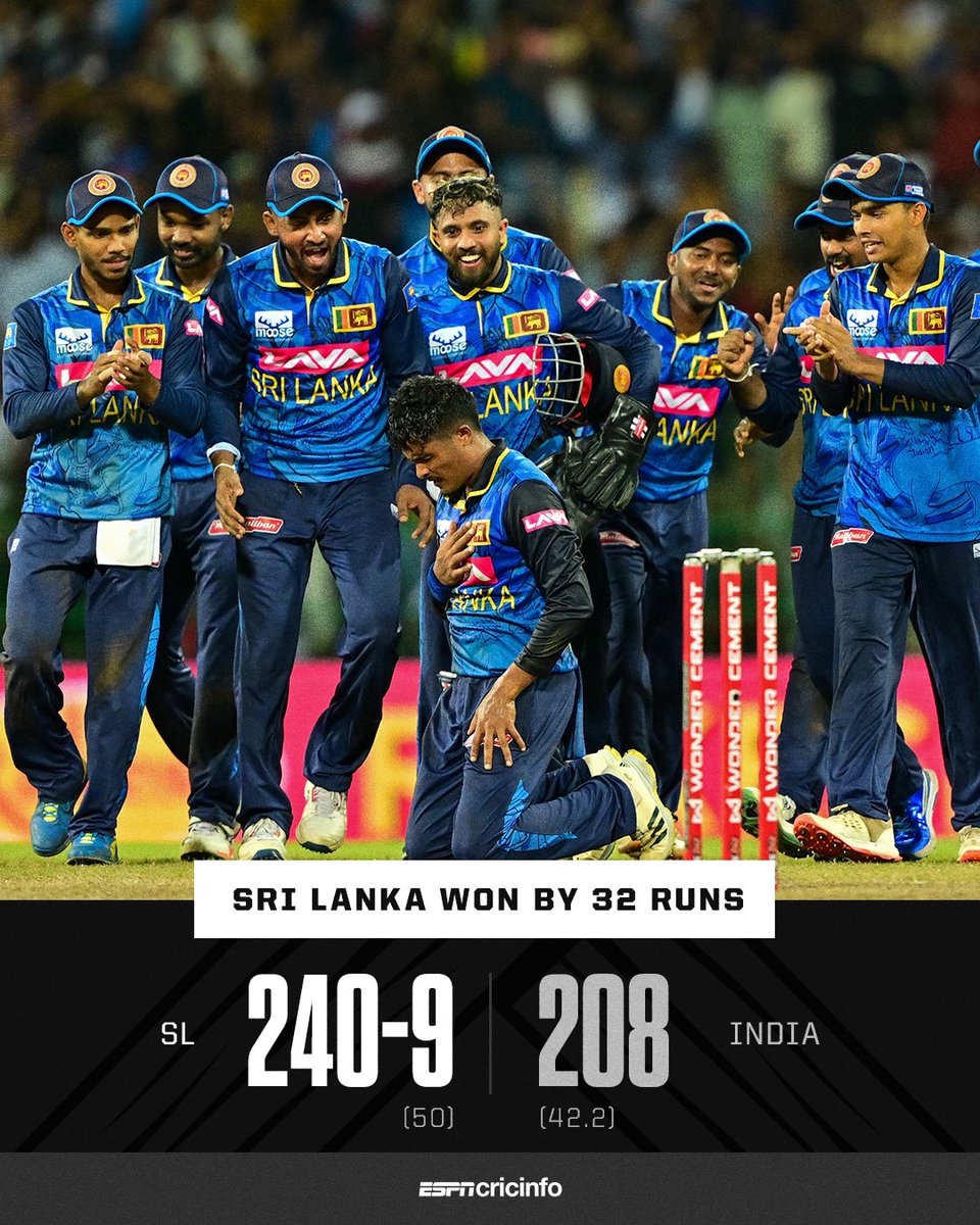 cricinfo's tweet photo. India crash to spin after 97-0 🌀

What a day for Jeffrey Vandersay, what a win for Sri Lanka!

https://t.co/lUbBOz1QL8 | #SLvIND https://t.co/A6bcZCaQj1