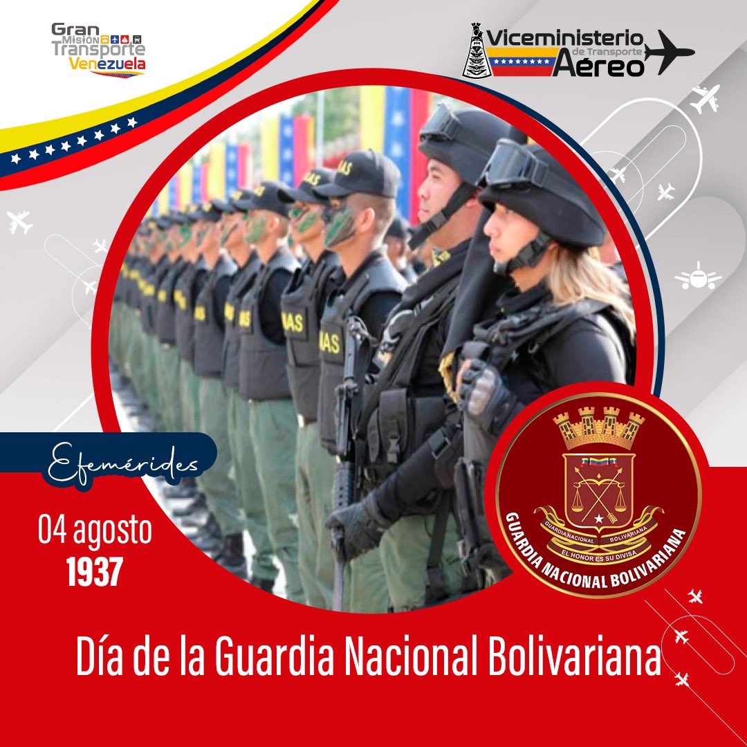 viceminaereo's tweet photo. #EfeméridesViceminAéreo || Guardia Nacional Bolivariana 87 años garantizando la paz del pueblo y el resguardo a la soberanía.
Hoy cuando se cumplen 87 años de la creación de la Guardia Nacional Bolivariana (GNB), el pueblo agradece con respeto y un profundo amor patrio su labor https://t.co/xhni4UGR1g