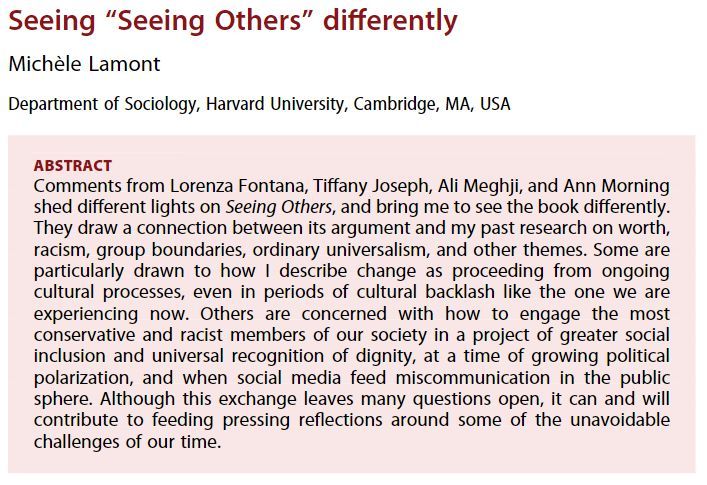 ERSjournal's tweet image. Have you had a chance to read @mlamont6's response to essays in ERS on #SeeingOthers?
 
Feeling seen by these four essays, she talks about how she now sees 'Seeing Others' differently. 

You can read this response here: doi.org/10.1080/014198…