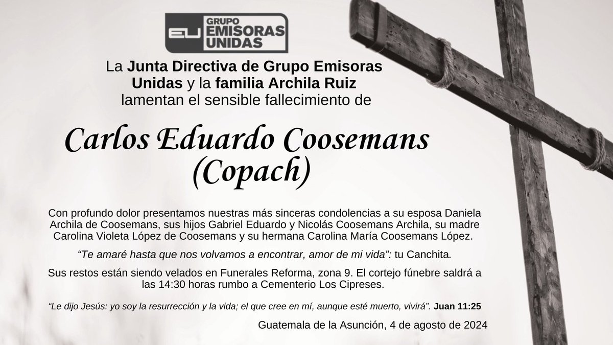 EUDeportes's tweet photo. #NotaDeDuelo

La Junta Directiva de Grupo Emisoras Unidas y la familia Archila Ruiz lamentan el sensible fallecimiento de Carlos Eduardo Coosemans (Copach). https://t.co/xt2kxyqI0L