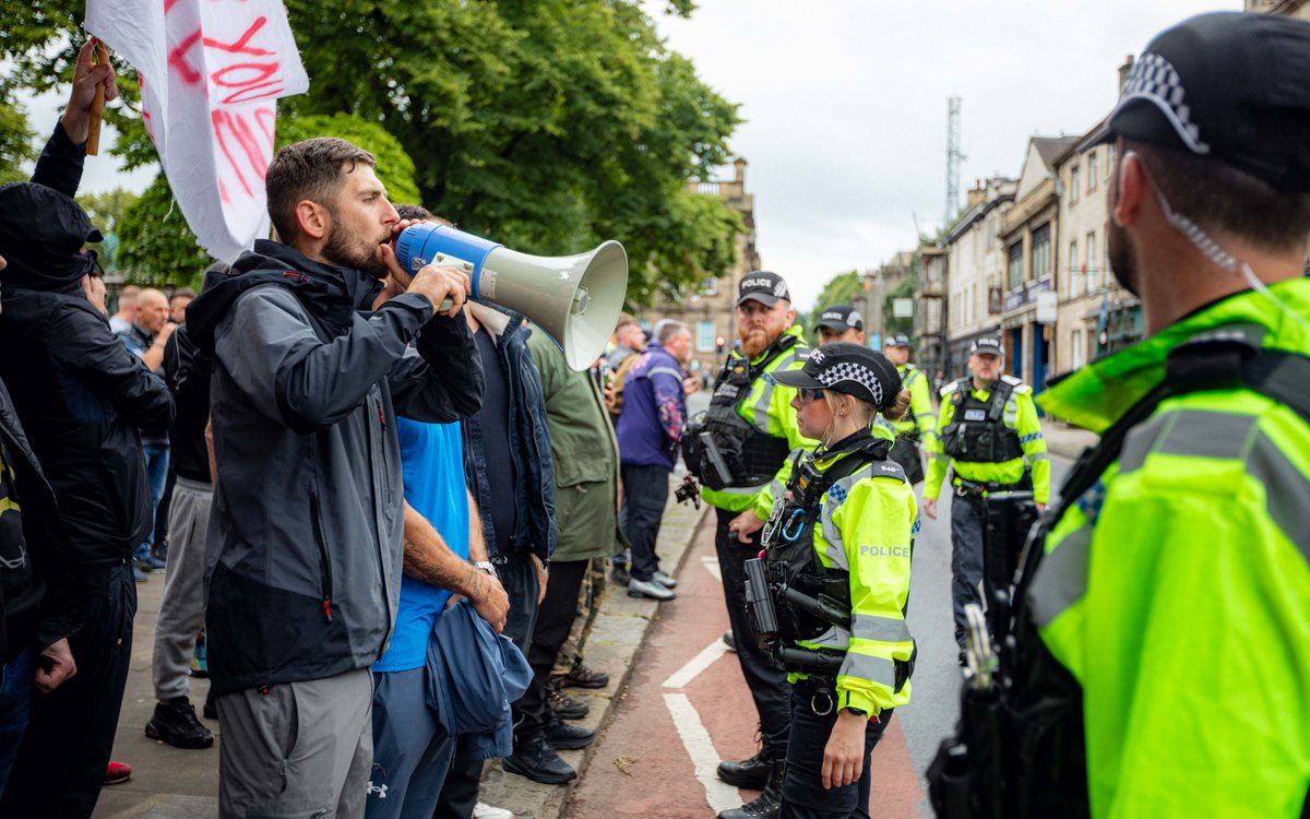TomMorbey's tweet photo. 'Stop the boats' cryed out from one side, 'Lancaster is anti-facist'  from the other. https://t.co/xkHLQd8UVv