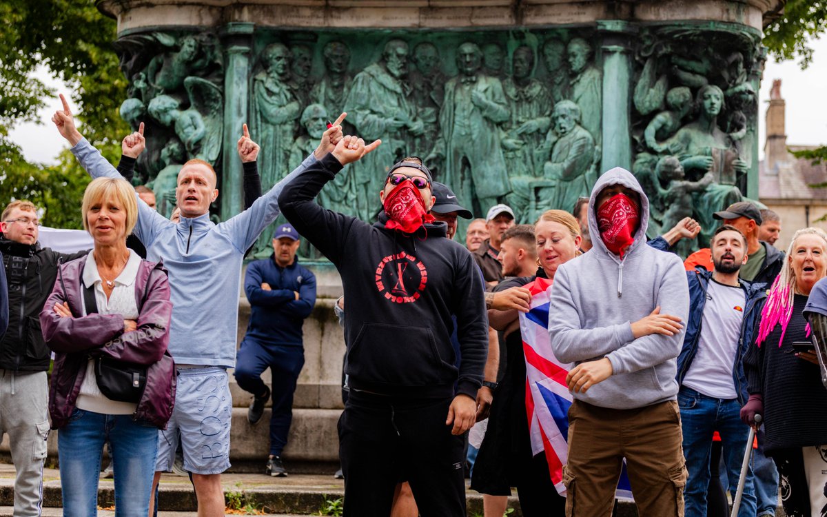 TomMorbey's tweet photo. 'Stop the boats' cryed out from one side, 'Lancaster is anti-facist'  from the other. https://t.co/xkHLQd8UVv