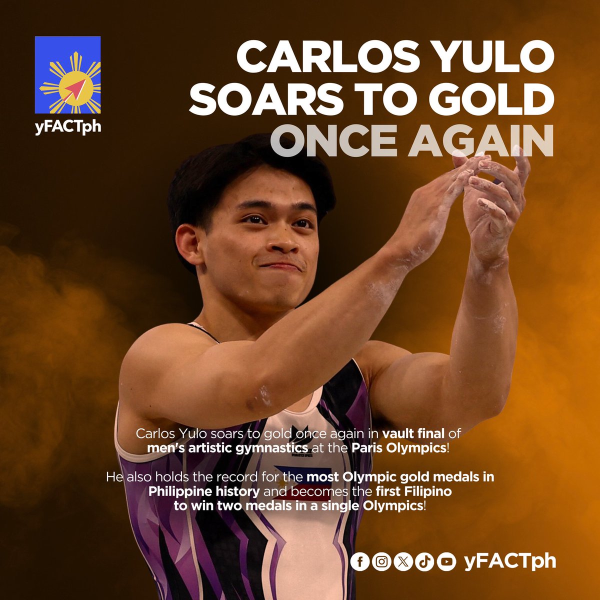 DOUBLE GOLD, ALL IN ONE WEEKEND. 😮‍💨

Carlos Yulo has captured another gold medal at the Paris Olympics — this one in the men’s vault final on Saturday, August 4. It’s his second gold medal after ruling the men’s floor exercise final on Sunday, August 3. #OlympicsGames #Paris2024