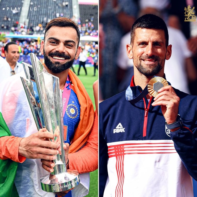 MidnightMusinng's tweet image. RCB’s poster for Virat Kohli and Novak Djokovic - two GOATS of their respective games! 🐐🐐

#Djokovic #INDvSL #Vandersay #Hockey #Badminton #Sreejesh #LakshyaSen  #RohitSharma