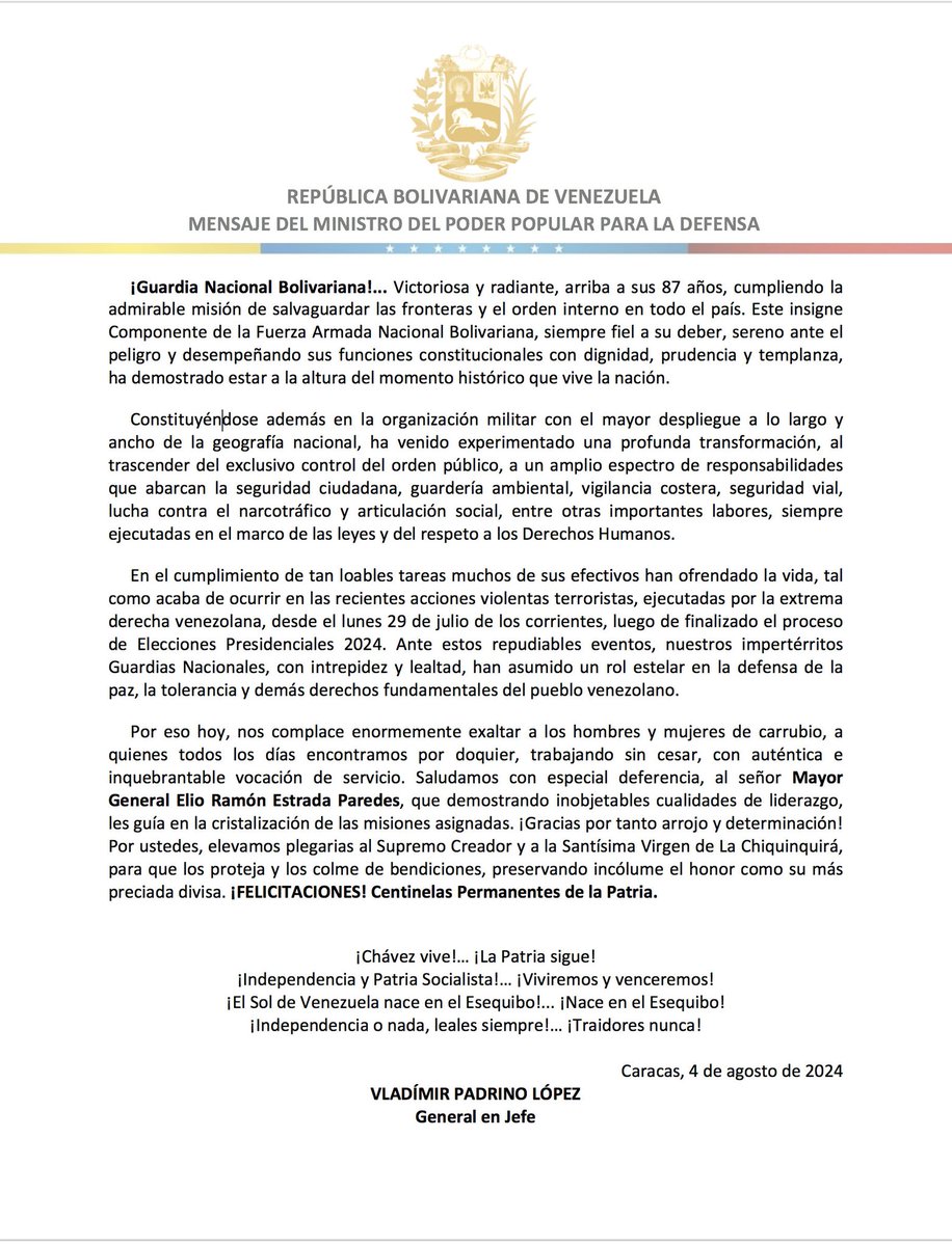 Mensaje del ciudadano GJ Vladímir Padrino López en ocasión de celebrarse el 87° Aniversario de la Guardia Nacional Bolivariana. 🇻🇪 #4agosto