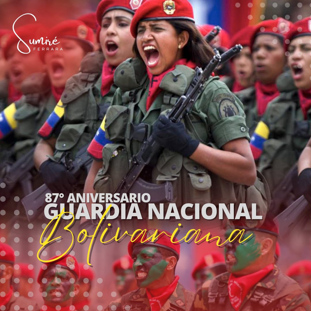 Honramos a nuestras mujeres y hombres de la Guardia Nacional Bolivariana (GNB), hoy #04Agosto en su 87° aniversario al servicio de la seguridad, paz y resguardo de la soberanía de la Patria de Bolívar y Chávez.

#VenezuelaPazYJusticia