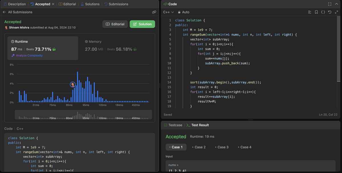 ShivamMish88131's tweet photo. #Day253 of #100daysofwork

✅@LeetCode 's POTD Completed ( “1508. Range Sum of Sorted Subarray Sums”)
#buildinpublic #subArray #sort #DSA #leetcode #cpp #100daysofcodechallenge https://t.co/EYtWF7yBRS