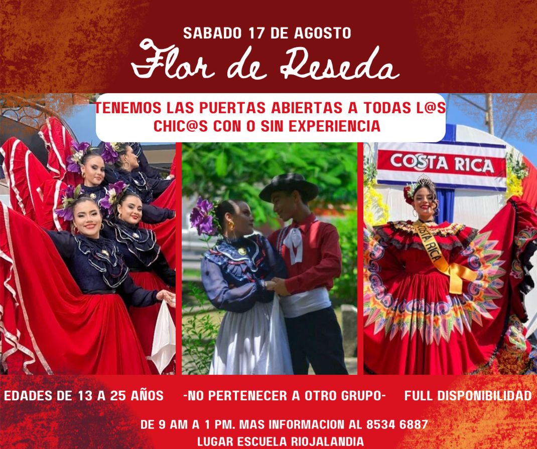 Proyección Folclórica Flor de Reseda de Puntarenas, abre las puertas a nuevos ingresos y atención se extendió el rango de edad para nuevos ingresos tanto hombres como mujeres.
Toda la info en el afiche.