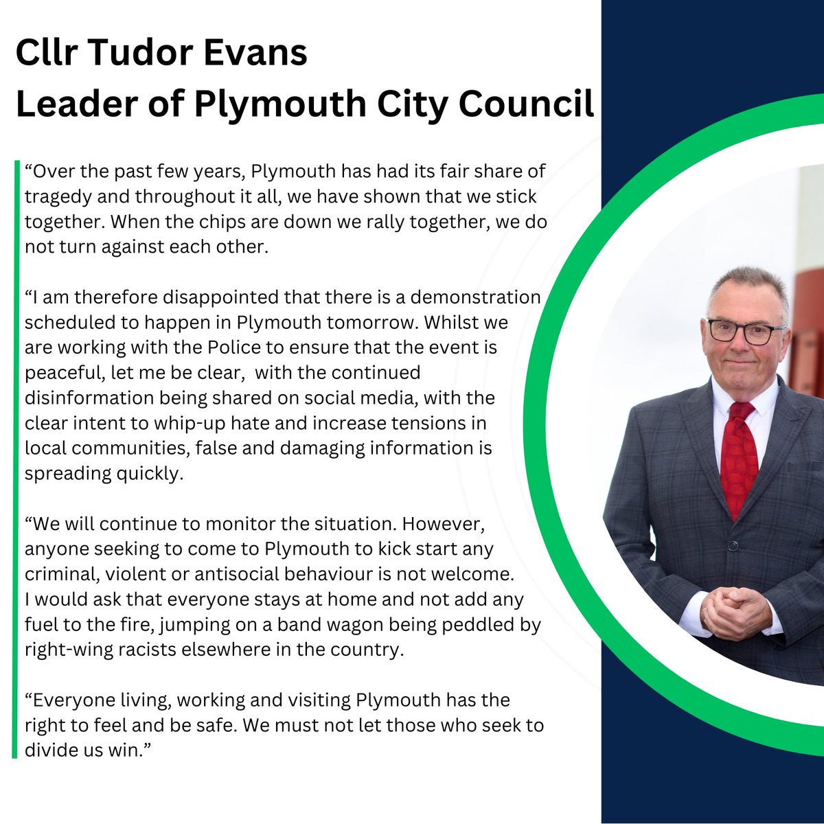 Ahead of tomorrow’s protest in Plymouth, @councillortudor has issued a statement – asking all those wanting to come to the city and kick start any criminal or violent behaviour to stay at home 👇

plymouth.gov.uk/news/council-l…