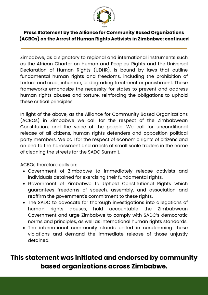 AllianceofCBOs's tweet photo. Press Statement by the Alliance for Community Based Organizations (ACBOs) on the arbitrary arrests of Activists in Zimbabwe.
#constitutionalrights
#unconditionalrelease
@ZLHRLawyers @ZimRightsLIVE @nangozimbabwe @AfriWomenLead https://t.co/6rroT525Yv