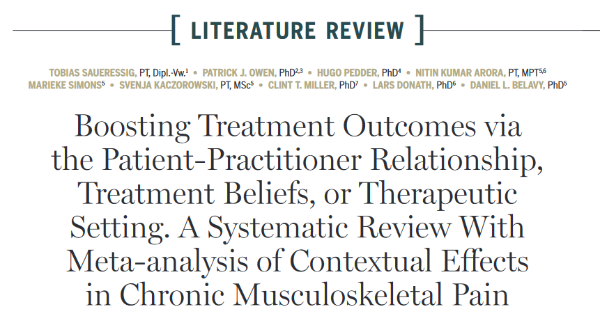 JOSPT's tweet photo. Does the context that we deliver healthcare in change the effects of treatment delivery for chronic MSK pain?

Lots of uncertainty given the lack of high-quality trials but our July #Review tried to pick things apart ➡️ https://t.co/ZSBl6q8HbY

#yourJOSPT #ContextualEffects #Pain https://t.co/YO5il8H06a