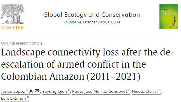 Nicola Clerici (@nicola_clerici) on Twitter photo Out in GECCO! 📝Landscape connectivity loss after the de-escalation of armed conflict in the Colombian Amazon (2011–2021), led by <a href="/jesica_lopez05/">Jesica López PhD.</a> Out in GECCO! 📝Landscape connectivity loss after the de-escalation of armed conflict in the Colombian Amazon (2011–2021), led by <a href="/jesica_lopez05/">Jesica López PhD.</a>