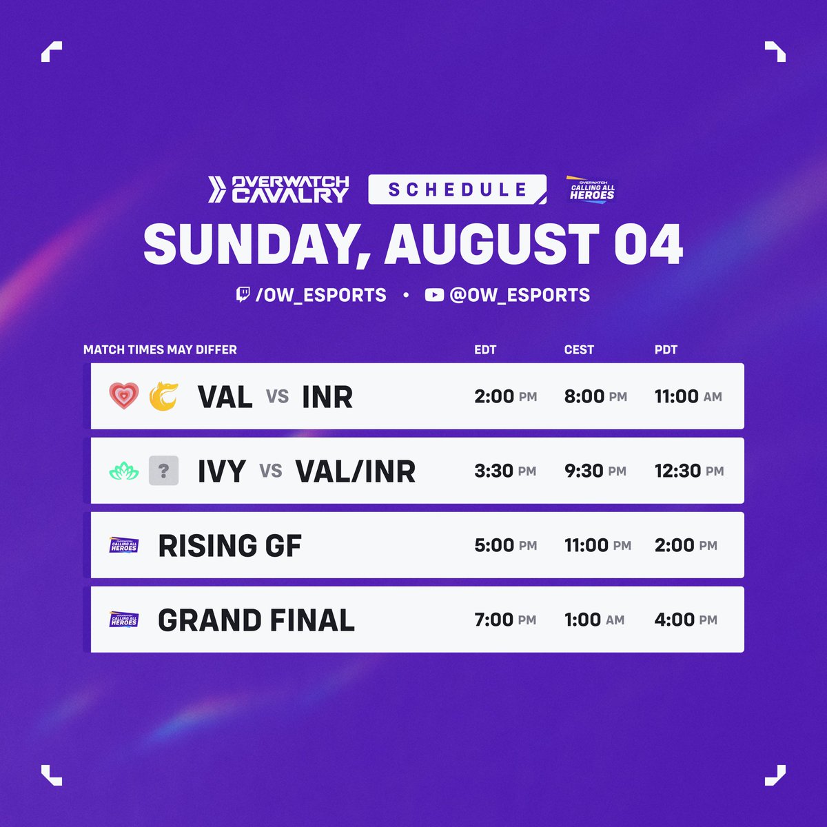 📅 #CallingAllHeroes Major 2 Schedule • Day 2

🔸 <a href="/VLNTNEGG/">Valentine</a> vs <a href="/Inarizaki_GG/">Inarizaki</a>
🔸 <a href="/SupershyOW2/">Supershy</a> vs VAL/INR
🔸 CAH Rising Grand Final
🔸 Grand Final (GFN vs VAL/INR/IVY)

⏰ Matches start in one hour!