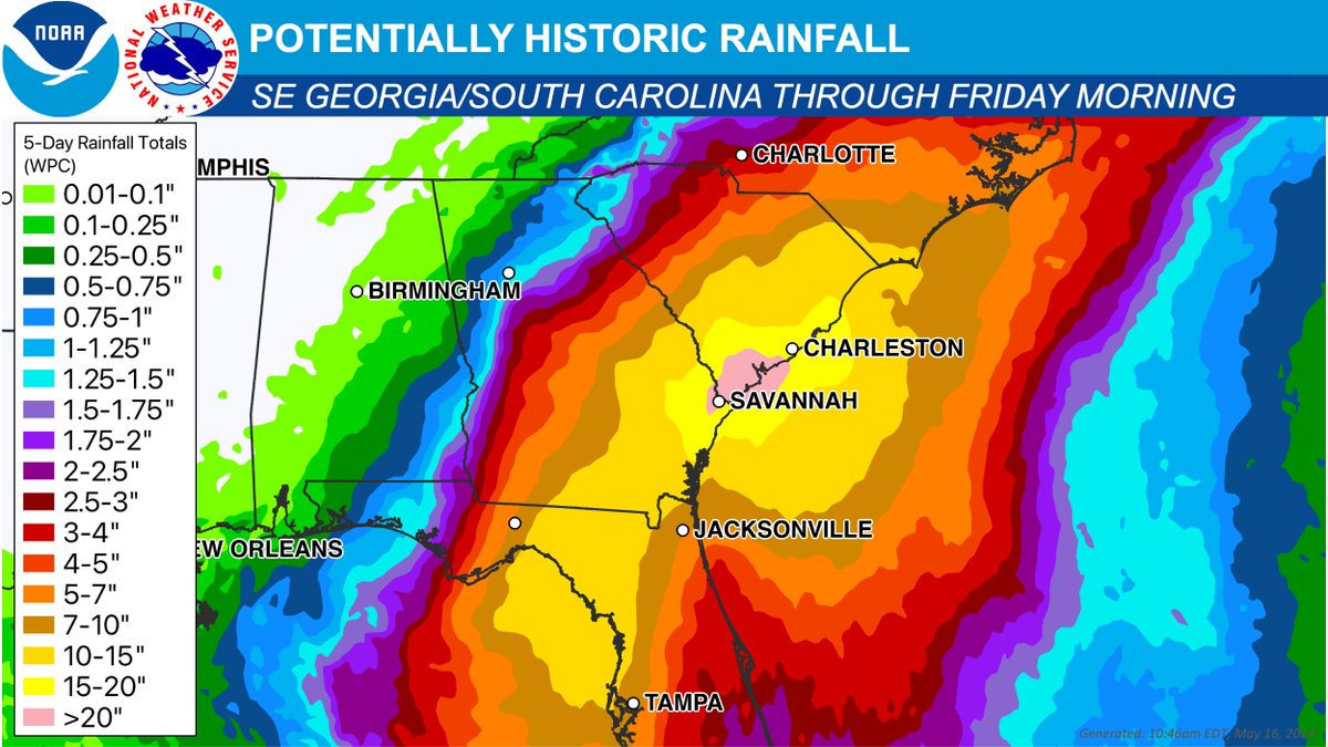 NWS's tweet photo. #Debby will drop A LOT of rain over the next few days.

Potentially historic, heavy rainfall is forecast across southeast Georgia and South Carolina through Friday morning. This may mean areas of catastrophic flooding.

Prepare now for this possibility and follow your local NWS forecast office for more: https://t.co/Uw2lDwqToR