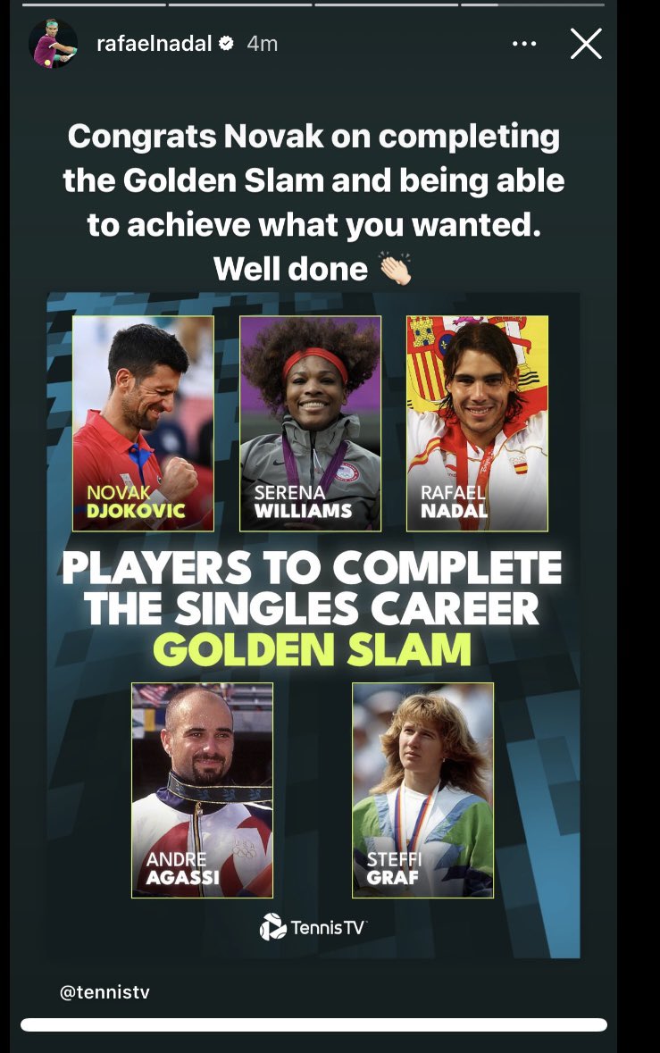 pavyg's tweet photo. A very rare time that Nadal publicly congratulates Djokovic over a title. This is just now from Nadals Instagram.

But he did so by only including himself in the congratulations... vintage Rafa! 😂 https://t.co/0PBV6jtSH6