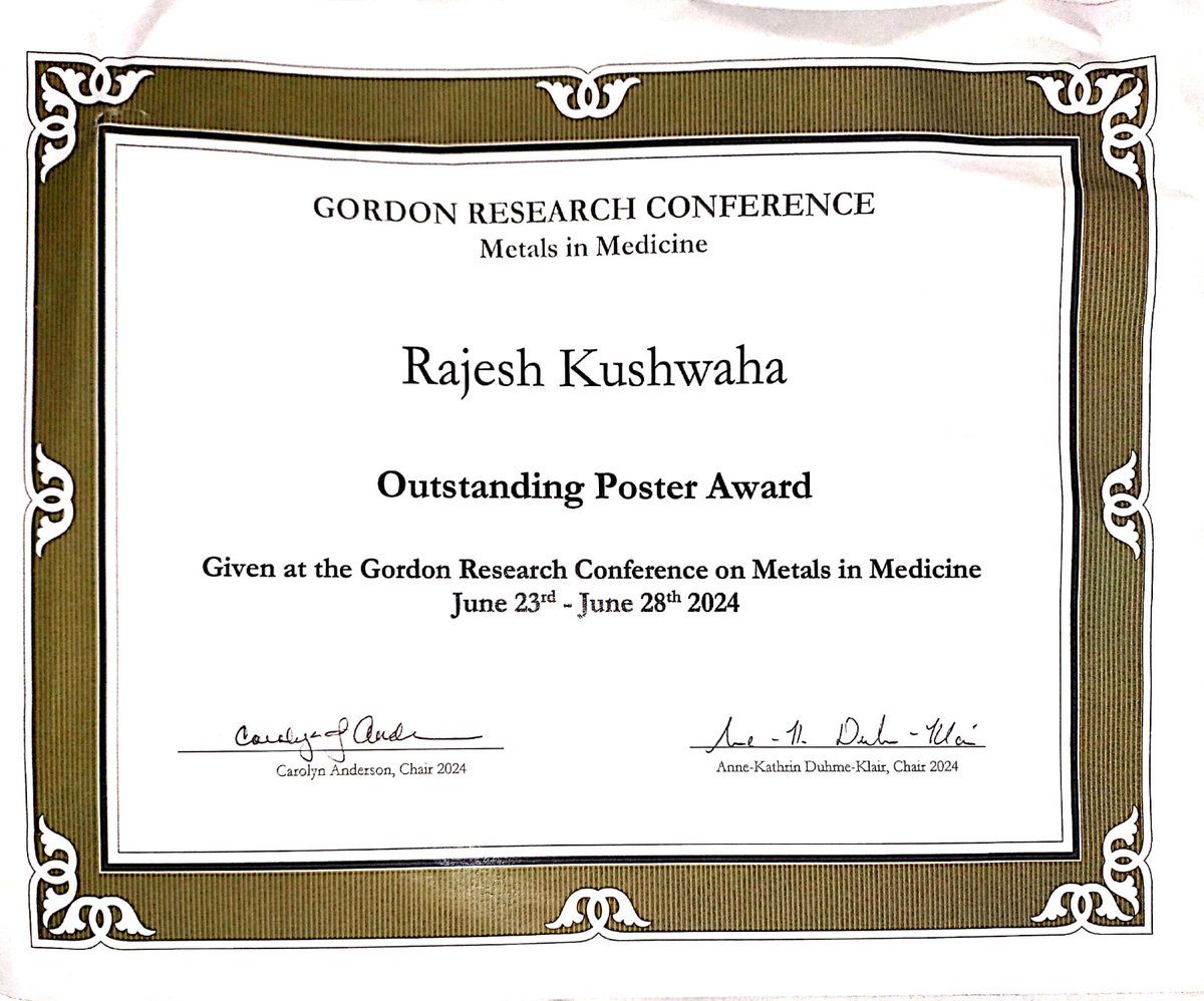 Congrats to Dr. Samya Banerjee &amp; team for winning the Outstanding Poster Award at the 2024 Gordon Research Conference in NH, USA!  His team’s work on 'Light/Ultrasound Triggered Antiproliferative Activity of Re(I) Tricarbonyl Complexes' shows promise for targeted cancer therapy.