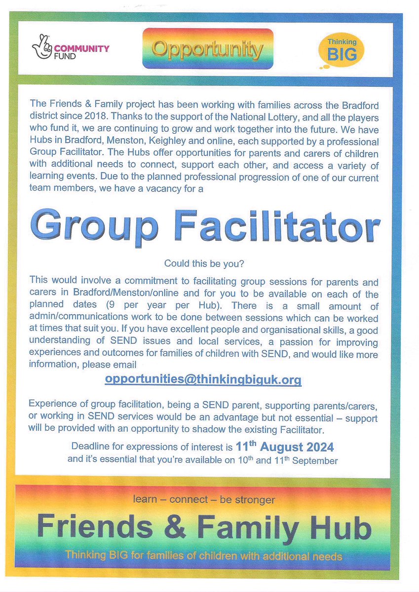 We are recruiting! Closing date is 11 August: come and join the Friends and Family Hubs as our facilitator!