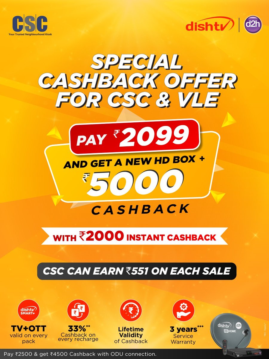 CSCegov_'s tweet image. Special Cashback Offer for CSC VLEs!!

Pay ₹2,099 and Get a New HD BOX+ ₹5,000 Cashback with ₹2,000 Instant Cashback.

VLE can earn ₹551 on each Sale...

For query, write us on sandeep.jangra@csc.gov.in

#CSC #DigitalIndia #DishTV #DishTVRecharge #DishTvCashbackOffer
