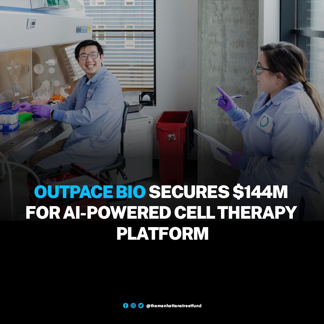 ManhattanStfund's tweet photo. Outpace Bio, a Seattle, WA-based cell therapy company using AI-powered protein design to program immune cells for improved function inside patients battling solid tumors, raised $144m in financing.

#OutpaceBio #Seattle #Biotech #CellTherapy #AI https://t.co/uIYmfbzicS